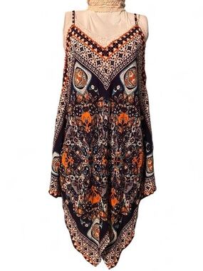 Boho Handkerchief Hem Midi Dress in Navy and Orange
